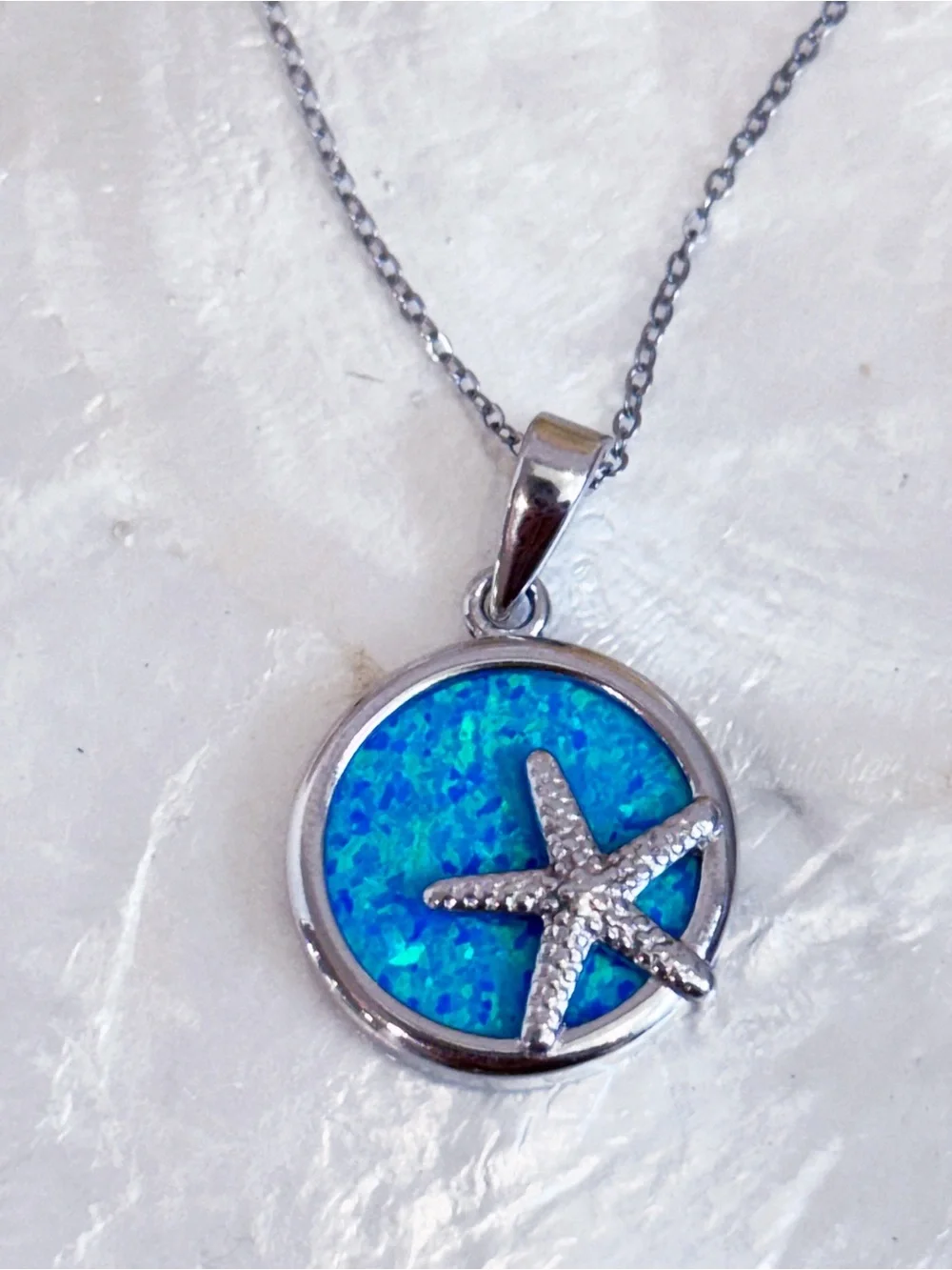 925 Lab Created Blue Opal Starfish Pendant Necklace NEW